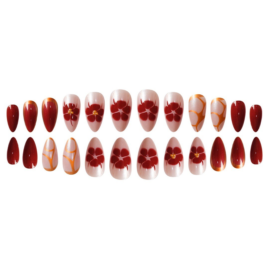 Red Gold Gradient Metallic Floral Line Nails INS Style Press On Nails Wholesale