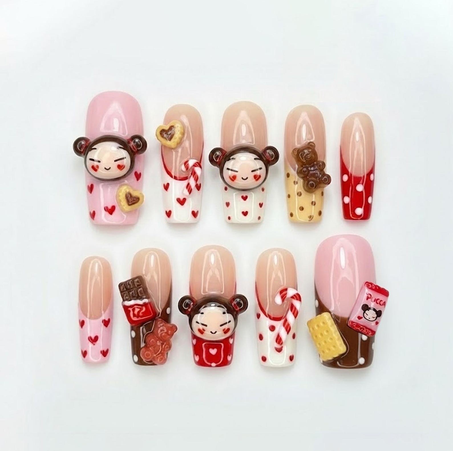 Handmade Pucca Cartoon Candy Cookie Heart Long Square Press on Nails Set