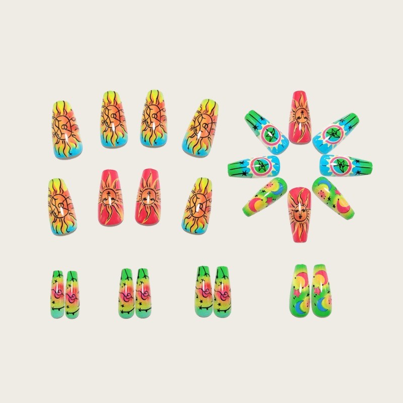 48pcs-Neon Sun & Moon Press on Nails, Coffin Shape with Psychedelic Gradient