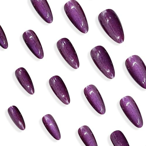 Purple Press on Nails Medium Almond Fake Nails Cat Eye R-06Purple Cat Eye
