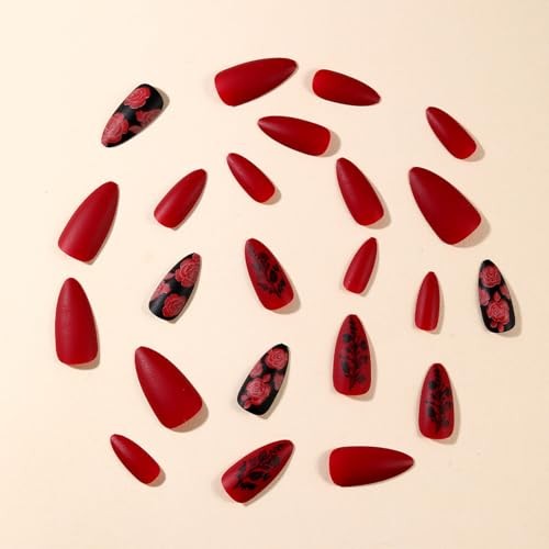 Red Rose Flower Press On Nails – Black Leaves Acrylic Medium Valentine Almond 9
