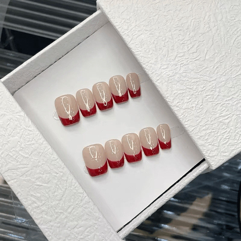 60Pcs-Short Shape Nude Classic Red French Tip Press on Nails Set