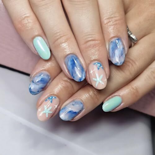 24Pcs Summer Ocean Press on Nails Almond Blue Fake Nails with Beach Waves beach
