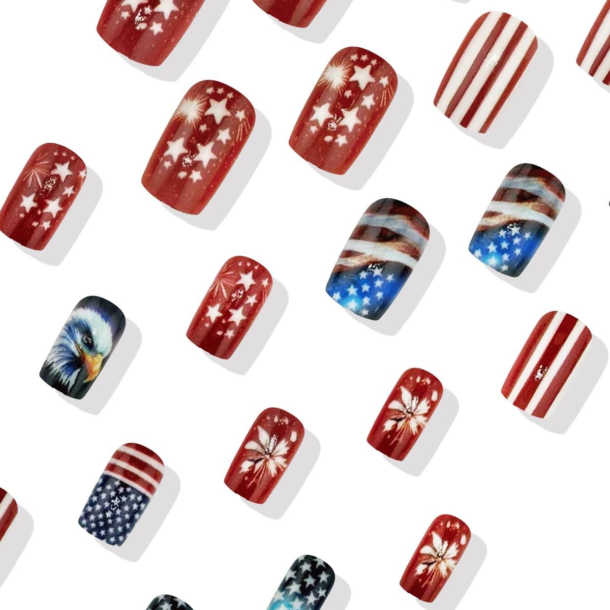 4th of July Press On Nails Short Square Red Blue Fake Nails Press ons Nail Ar…