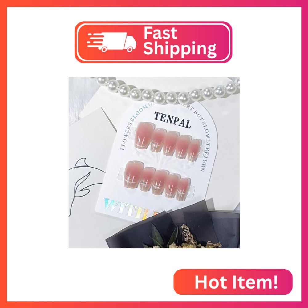 TENPAL Handmade Press on Nails Medium,Peach Pink Cat Eye Coffin Nails, Removable