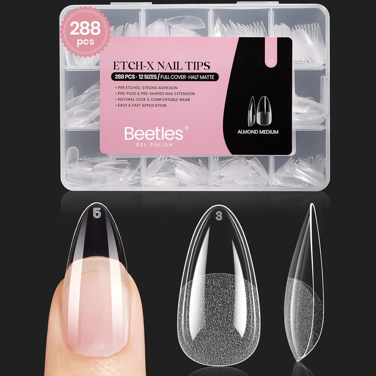 288 PCS Almond Gel Nail Tips – Natural Look Half Matte Finish for Women