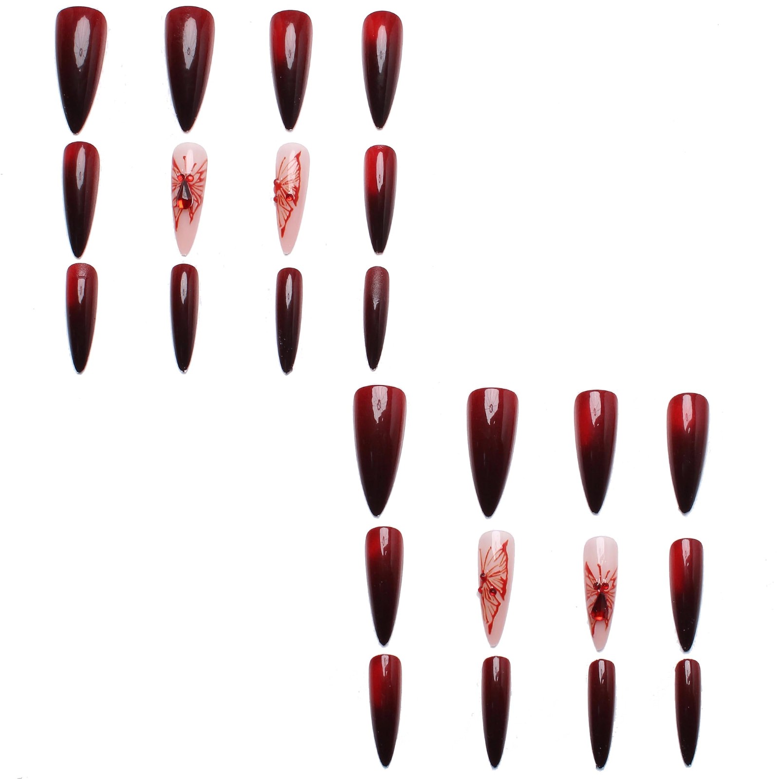 Long Stiletto Press on Nails Black Red Ombre Fake Nails, Butterfly Goth Acryl…
