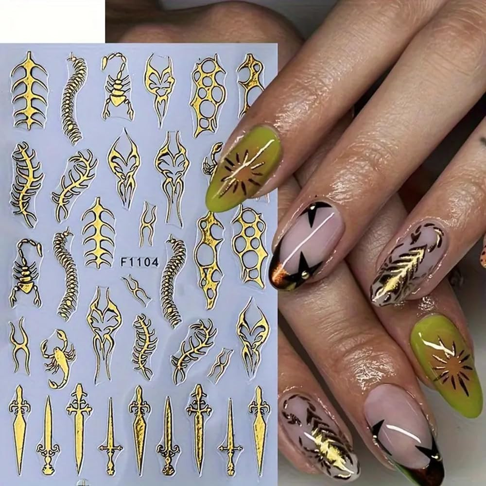 4 Sheets Goth Nail Stickers for Nail Art 3D Punk Style Black Belt Nail Art Stick