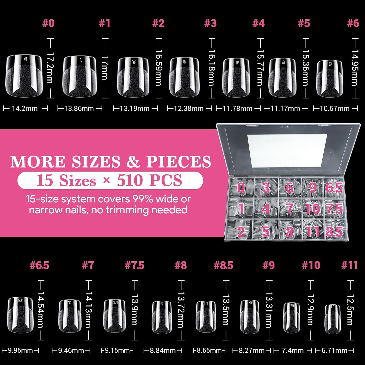 Extra Short Square False Nail Tips, 15 Sizes 510 PCS Clear French Press on Fake