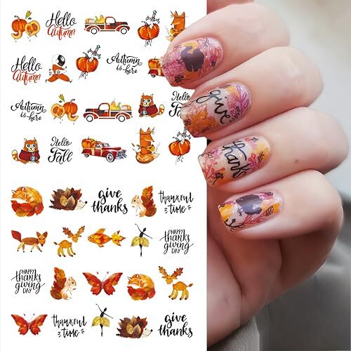 12Pcs Fall Nail Art Stickers, Autumn Nail Art Water Decals Transfer Nail turkey
