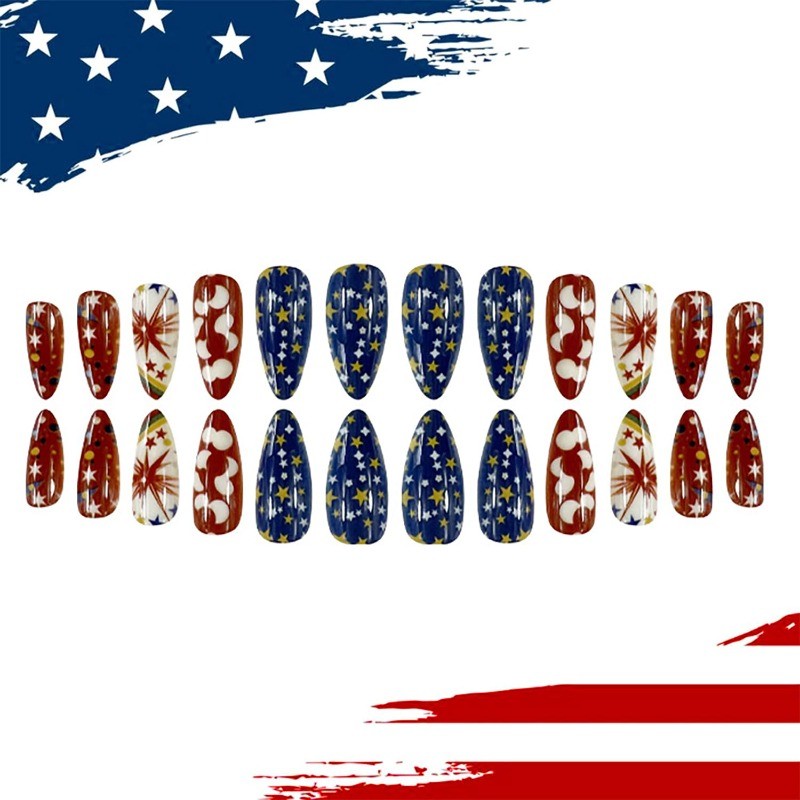 48pcs-4th of July Press on Nails, Long Almond with Star&Firework Designs, Glossy