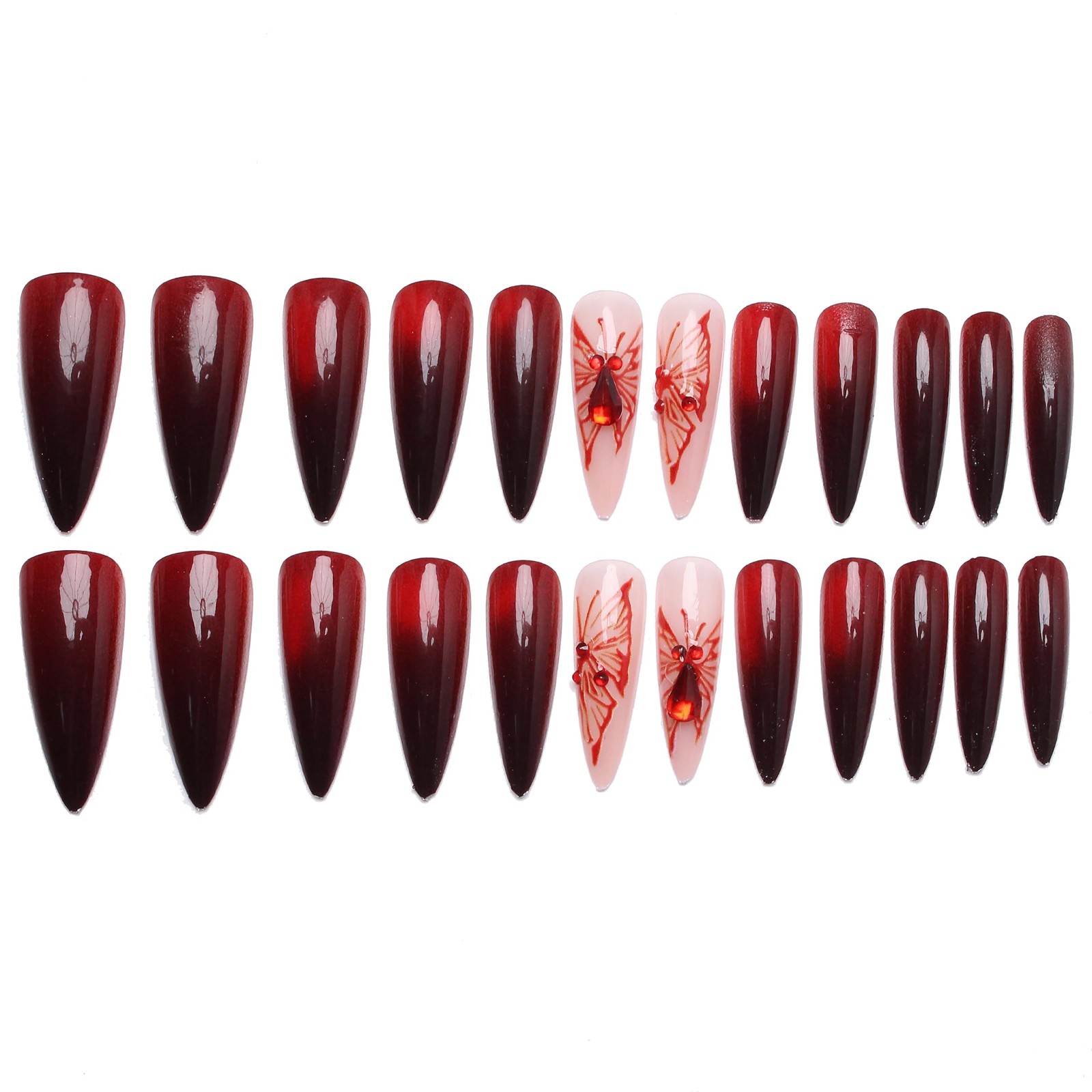 Long Stiletto Press on Nails Black Red Ombre Fake Nails, Butterfly Goth Acryl…