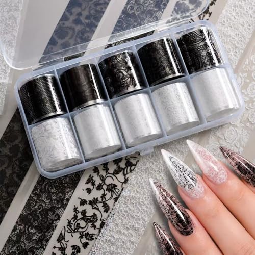 10 Rolls Lace Nail Foil Transfer Sheets Black White Flower Holographic Decals