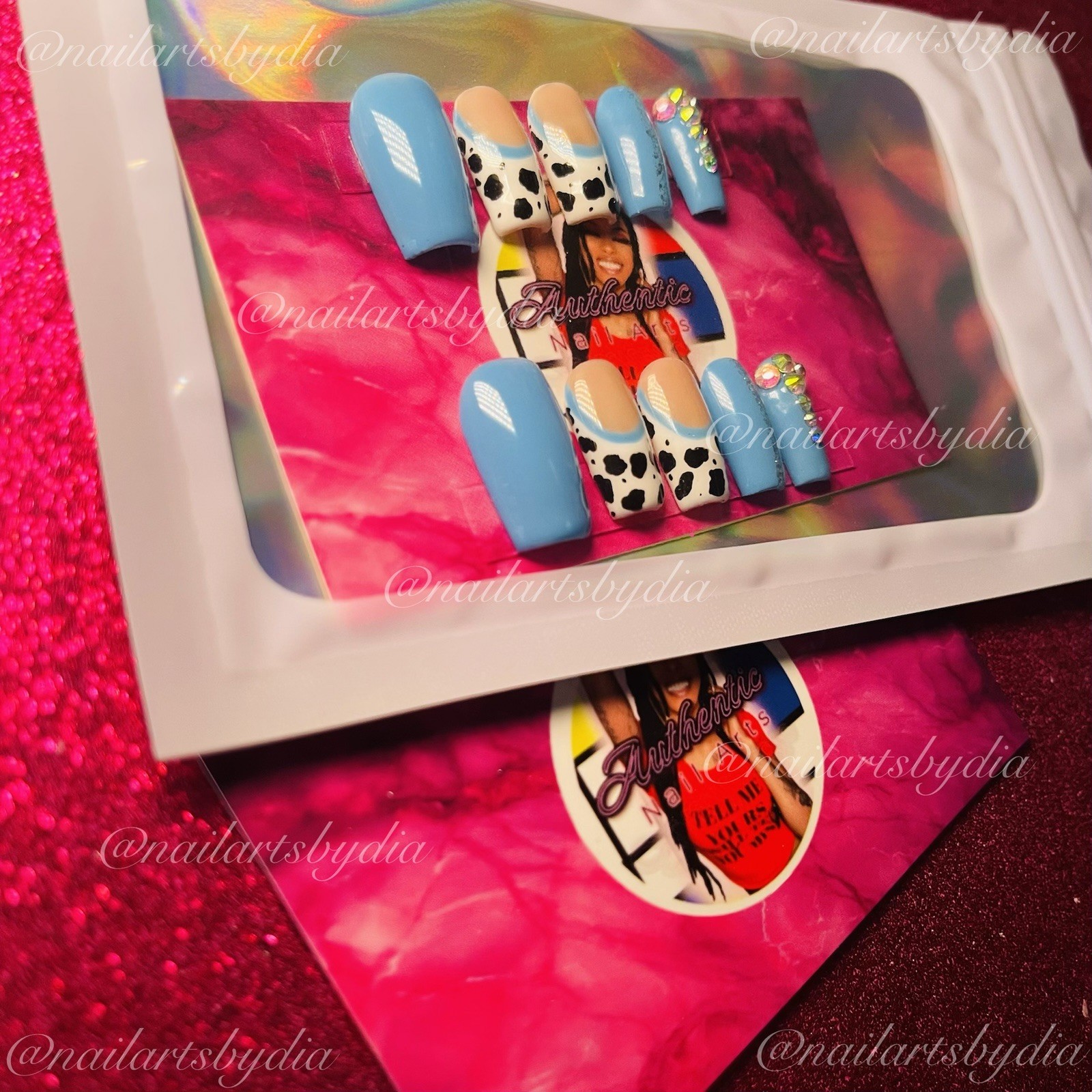 Authentic Nail Arts Square Press-On Nails Long Cow Print Rhinestone Glitter