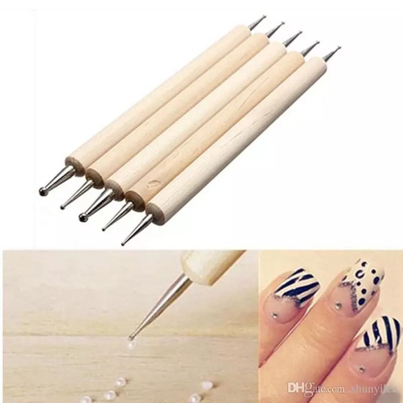 5 Pcs 2way Wooden Handle Manicure Nail Art Dotting Pen Marbleizing Tool