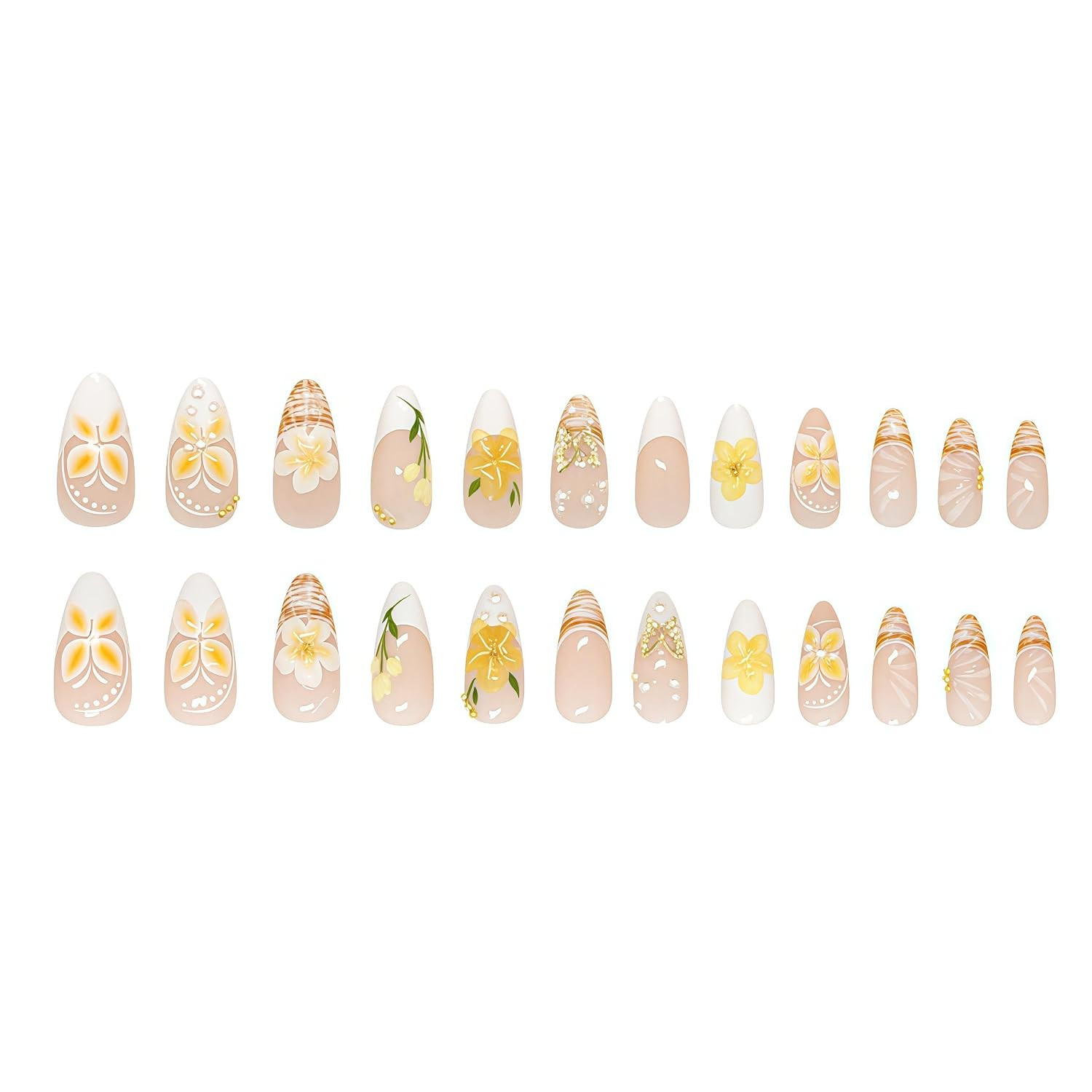 24Pcs Yellow Flower Press on Nails Medium Almond Fake Nails with 3D Gold Beads B