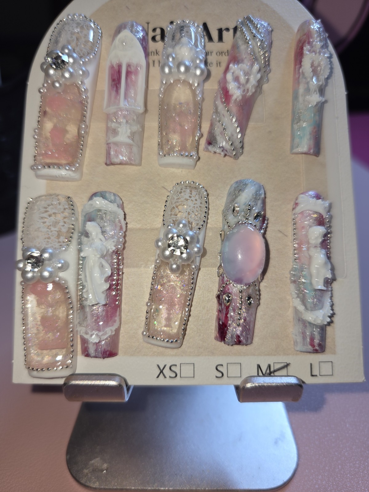 Press-On Nails Handmade Medium Pink purple, white lace angel, flower water Nail