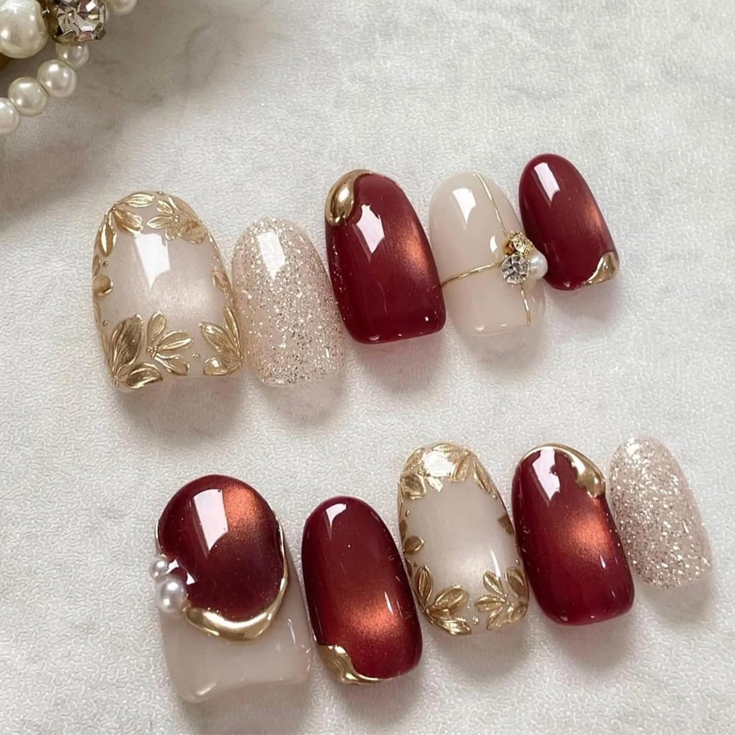 30Pcs Handmade Press on Nails Short Almond Shape Glue on Nails 3D Flower Pearl F