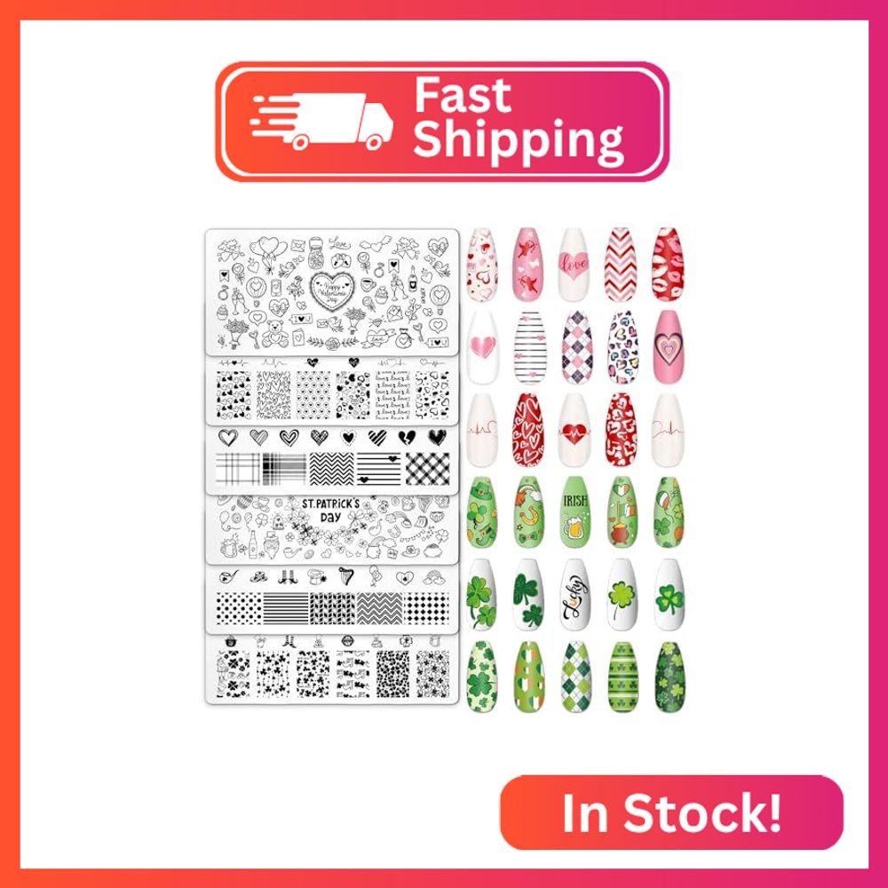 Whaline 6 Pcs St. Patrick’s Day Valentine Nail Art Stamping Plates Kit Love Hear