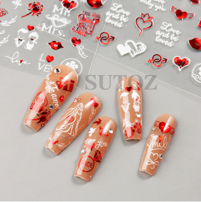 3D Nail Art Stickers Red White Mr & Mrs Rose Heart Kiss Valentine Bride NH11