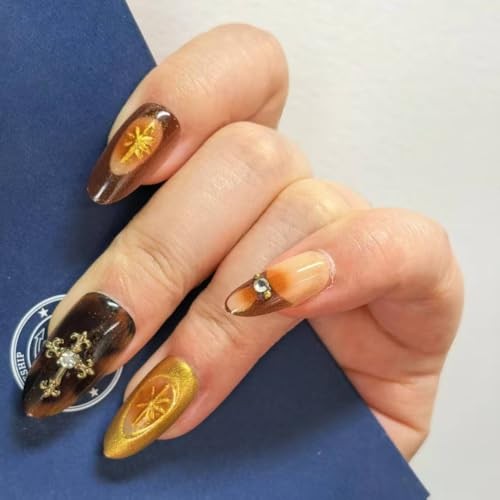 Tortoiseshell Press On Nails Long Coffin Brown Nude Amber Stardust Gothic