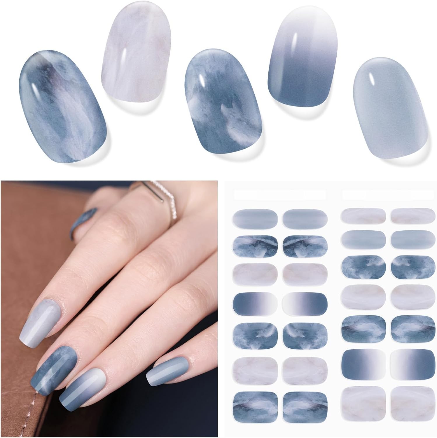 Semi Cured Gel Nail Strips, 28 pcs UV Stickers for F. Dreamy Waves