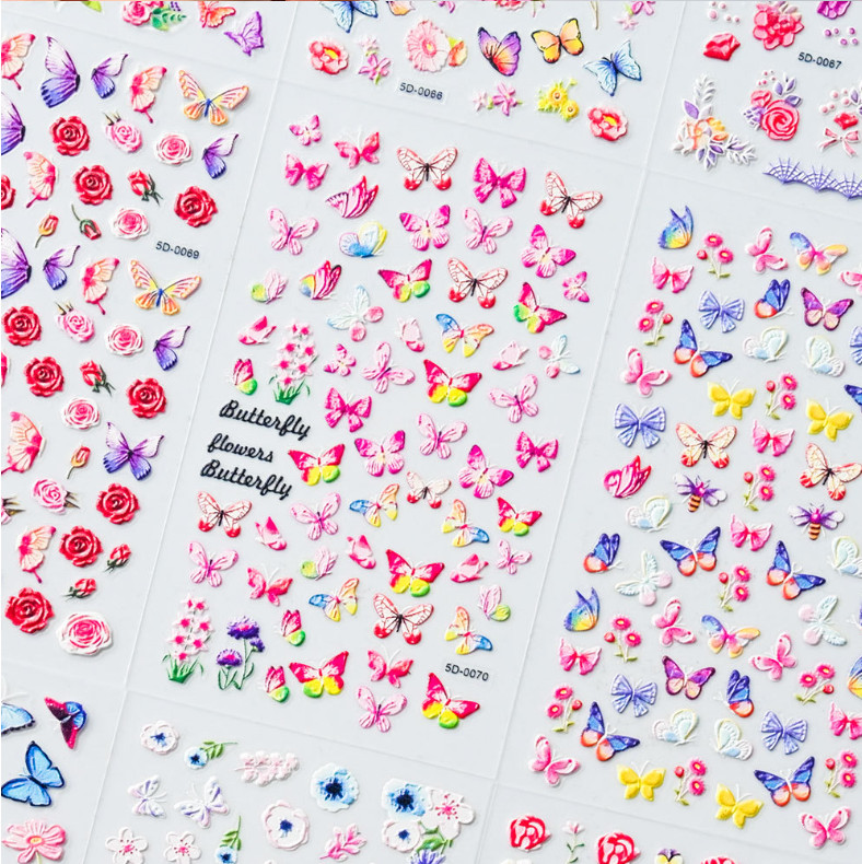 5D Embossed Nail Art Stickers Colorful Butterfly Flower Self Decal Decor NH26