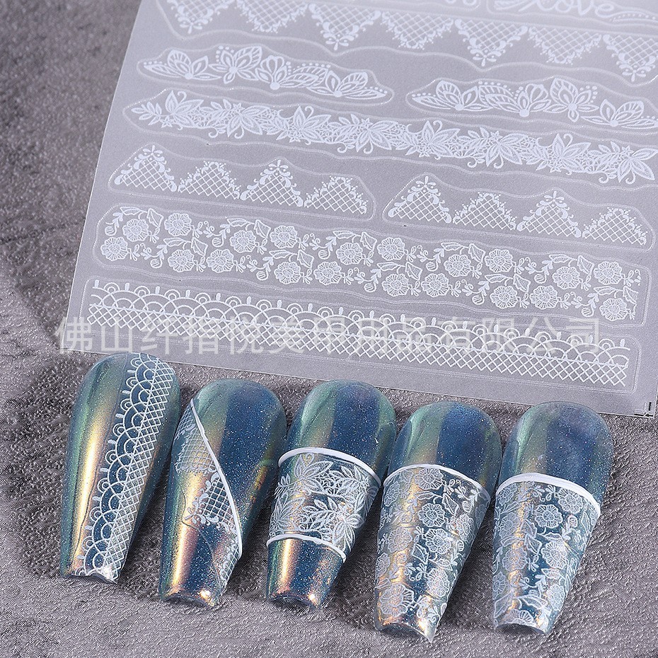 2Pcs Nail Stickers Black White Lace Self-Adhesive Slider Peel Off Decoration NH7