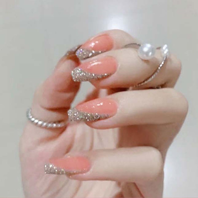72Pcs-Short Square Peach Glitter French Tip Art Design Press on Nails