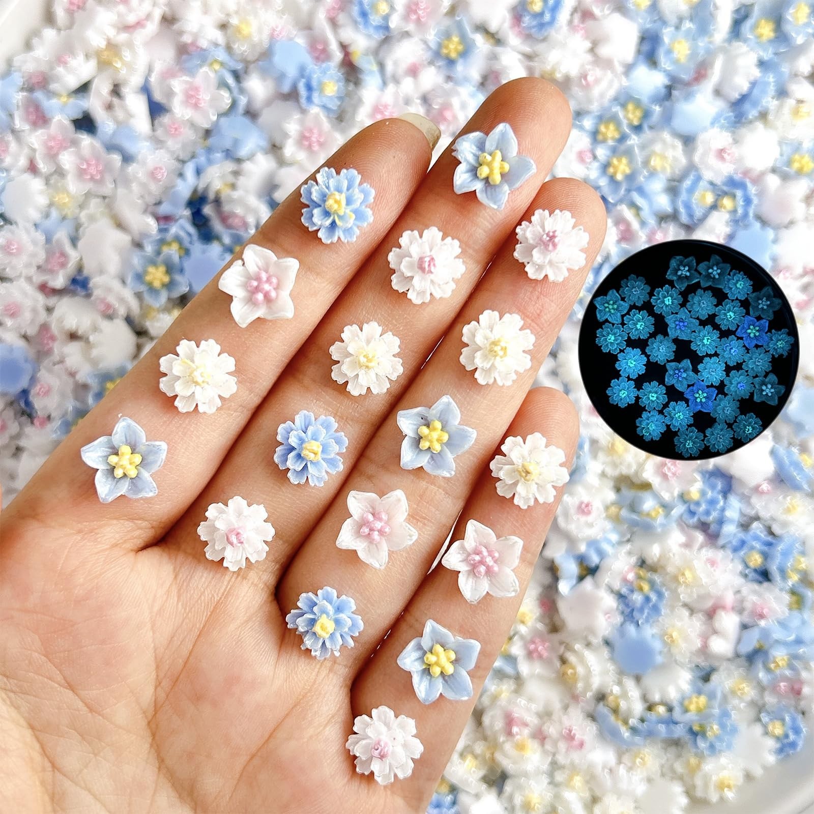 50PCS Flower Nail Art Charms 3D White Blue Roses Camellias Nail Charms DIY Re…