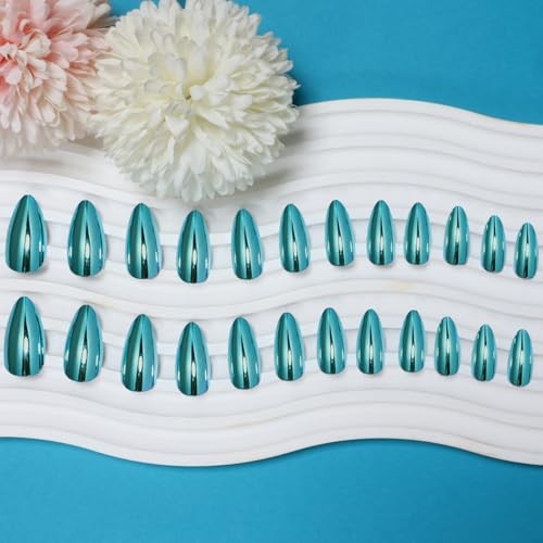 Teal Blue Chrome Press on Nails Almond Medium Acrylic Nails Press 39-Teal Blue