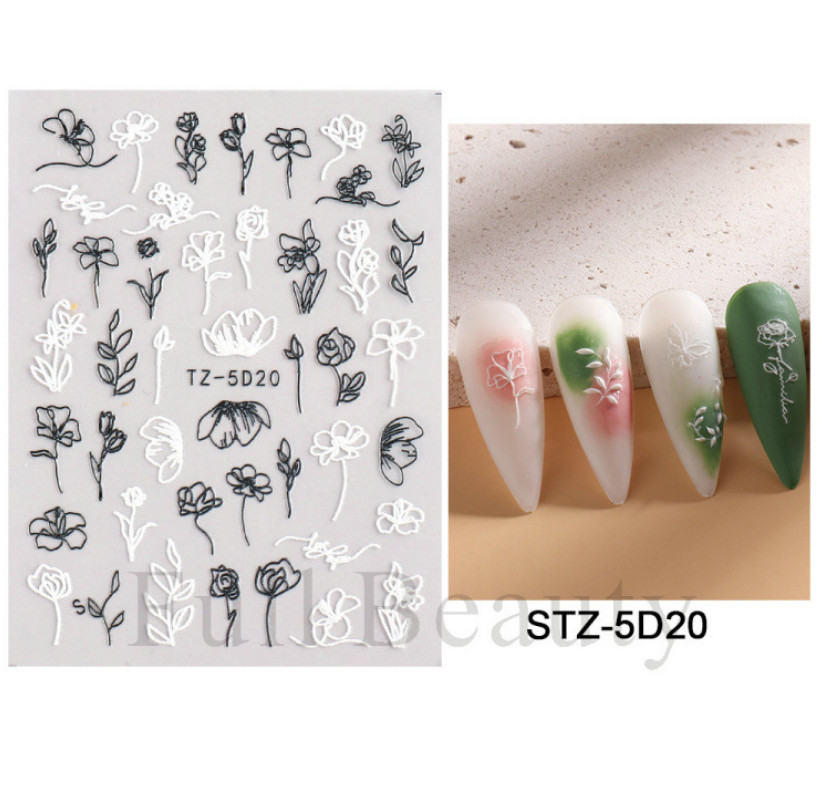 5D Embossed Black White Lotus Flower Rose Nail Stickers Self-Adhesive Manicure