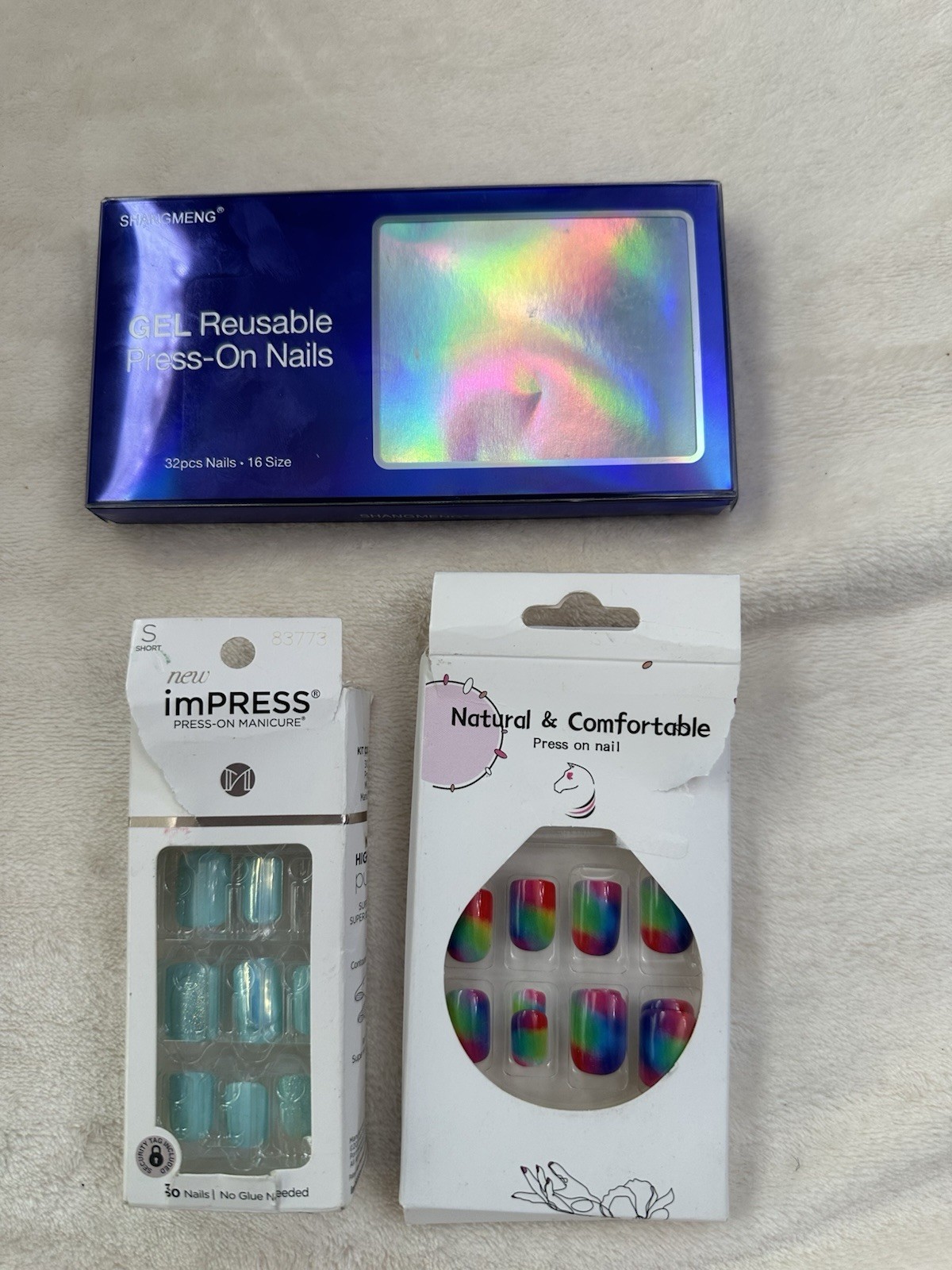 New GEL Reusable White Press On Nails 32pc & Open box Blue & Rainbow Press Ons