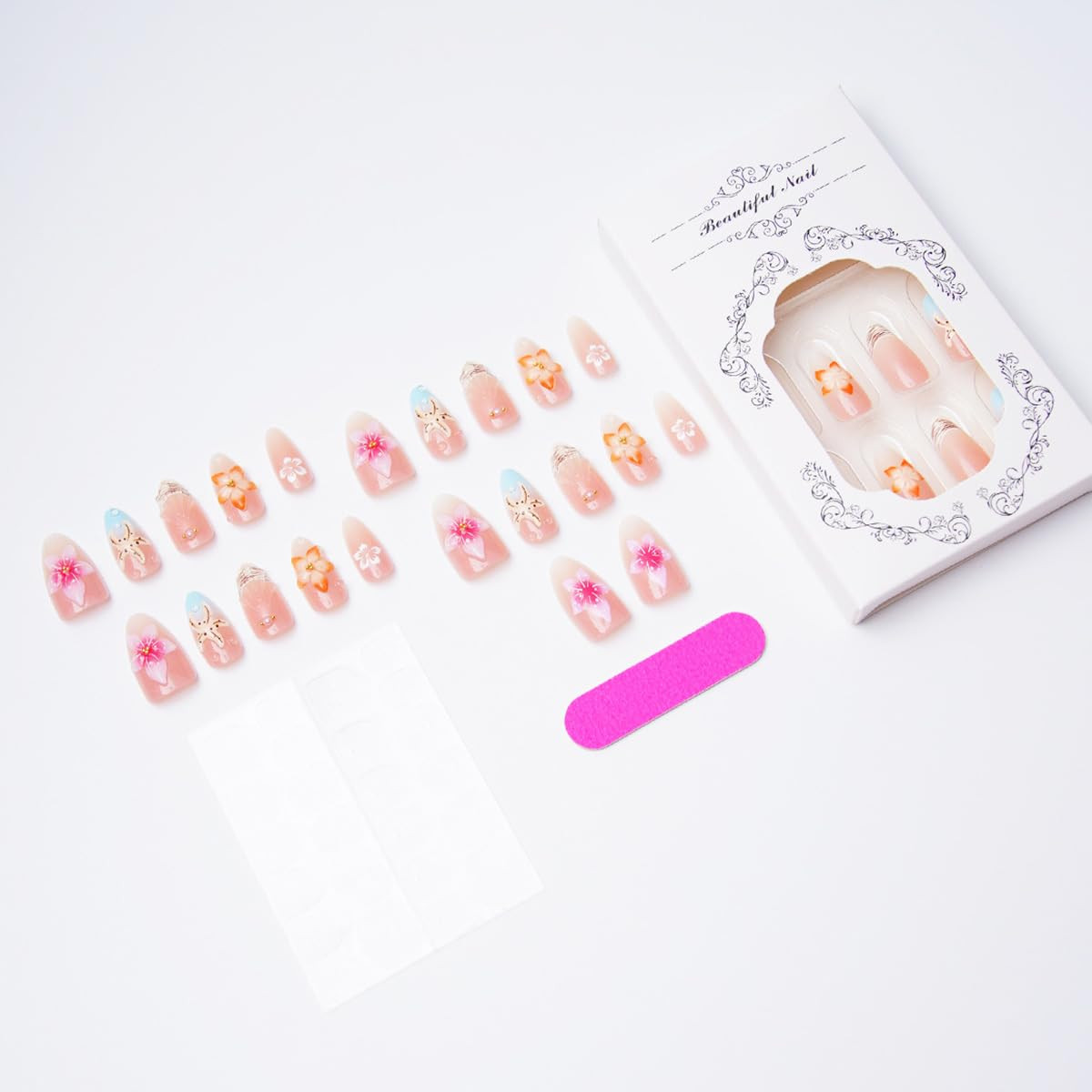 30Pcs Pink Flower Press on Nails Medium Almond Fake Nails 3D Floral with Gold Be