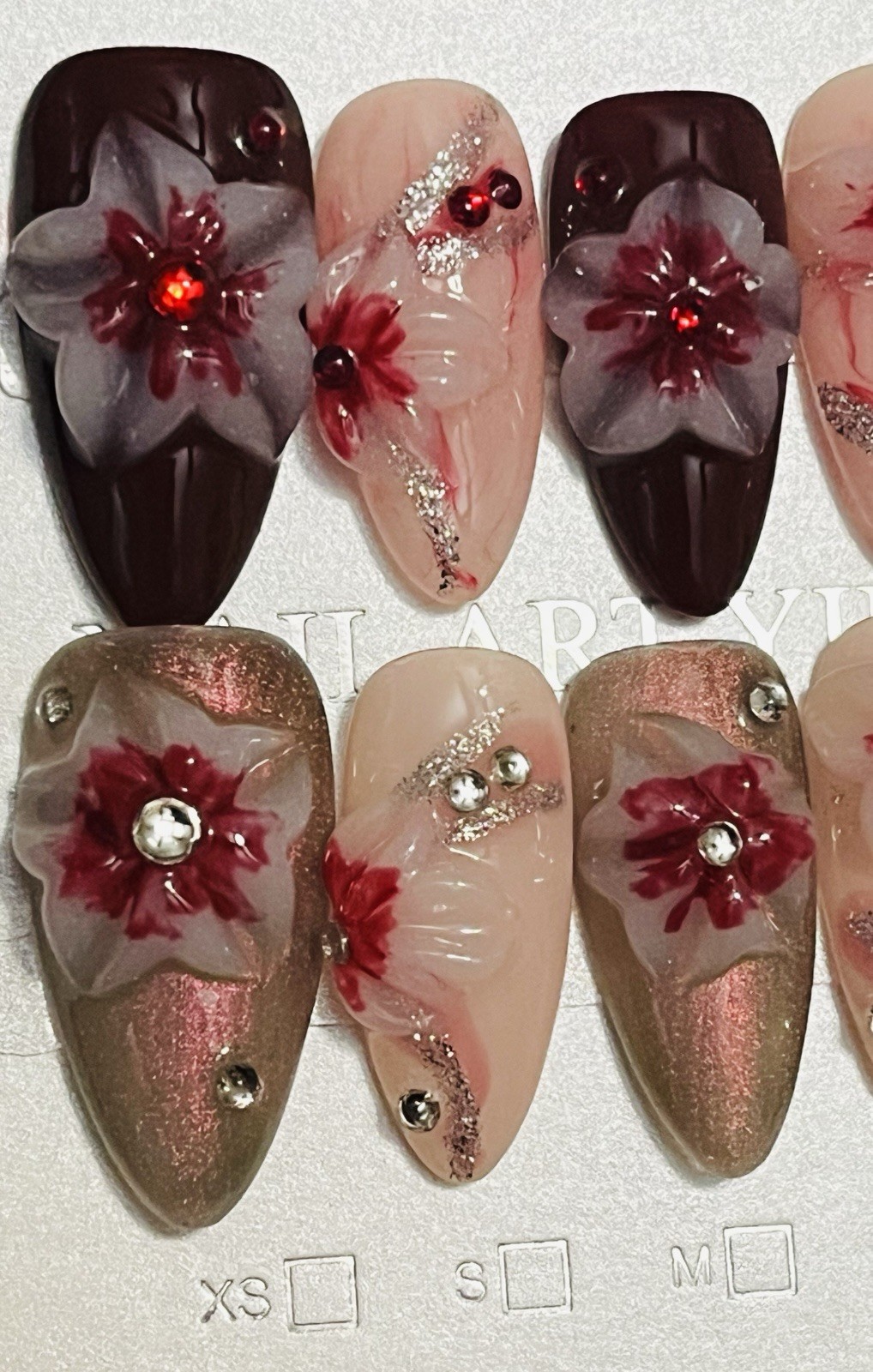 10 PCs Handmade Press On Nails Medium Length Almond 3D Flowers & Rhinestones