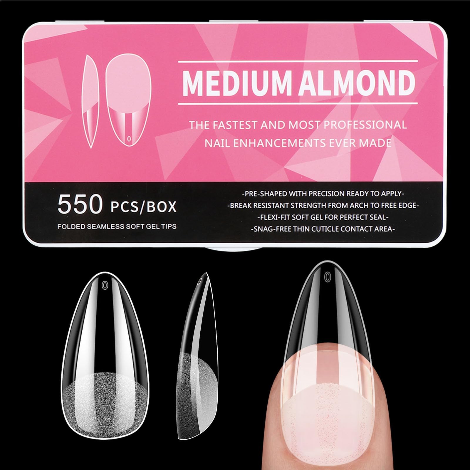 Medium Almond Nail Tips, 550Pcs Soft Gel, 11 Sizes Full Cover Clear for