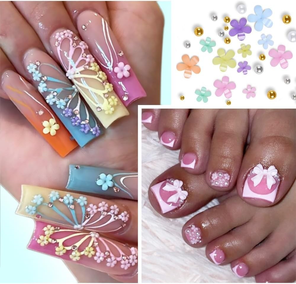 3D Flower Nail Charms, 2 Boxes 3D Acrylic Flower Nail Art Charms and Gems Whi…