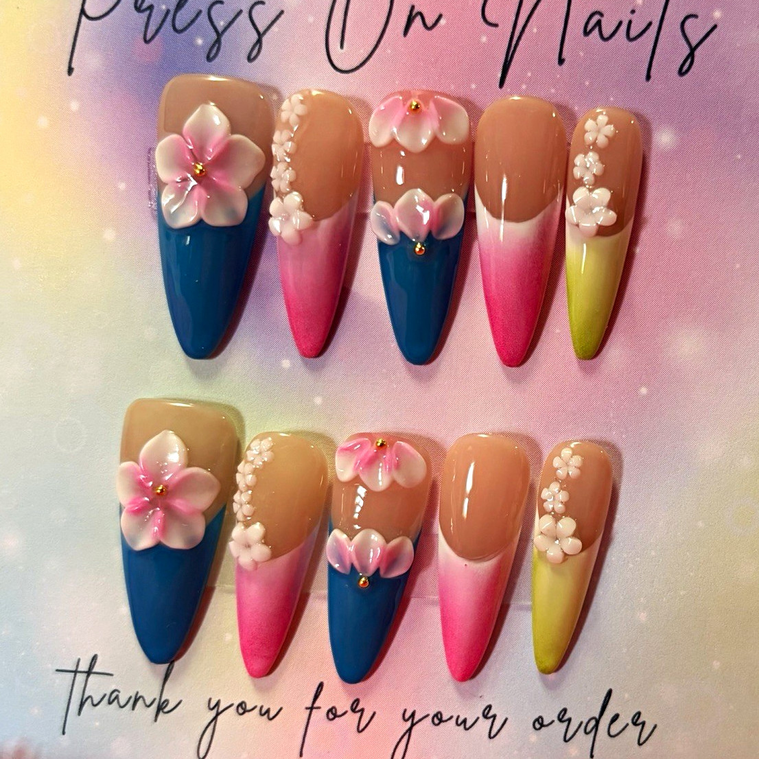 Multicolor 3D Flower Coffin Press-On Nails Set, Long, Handmade, size large