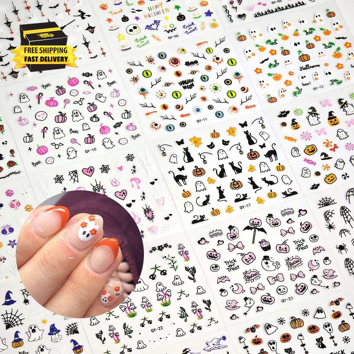 30 Sheets Halloween Nail Stickers for Women Girls & Kids,Cute Ghost Pumpkin Spid