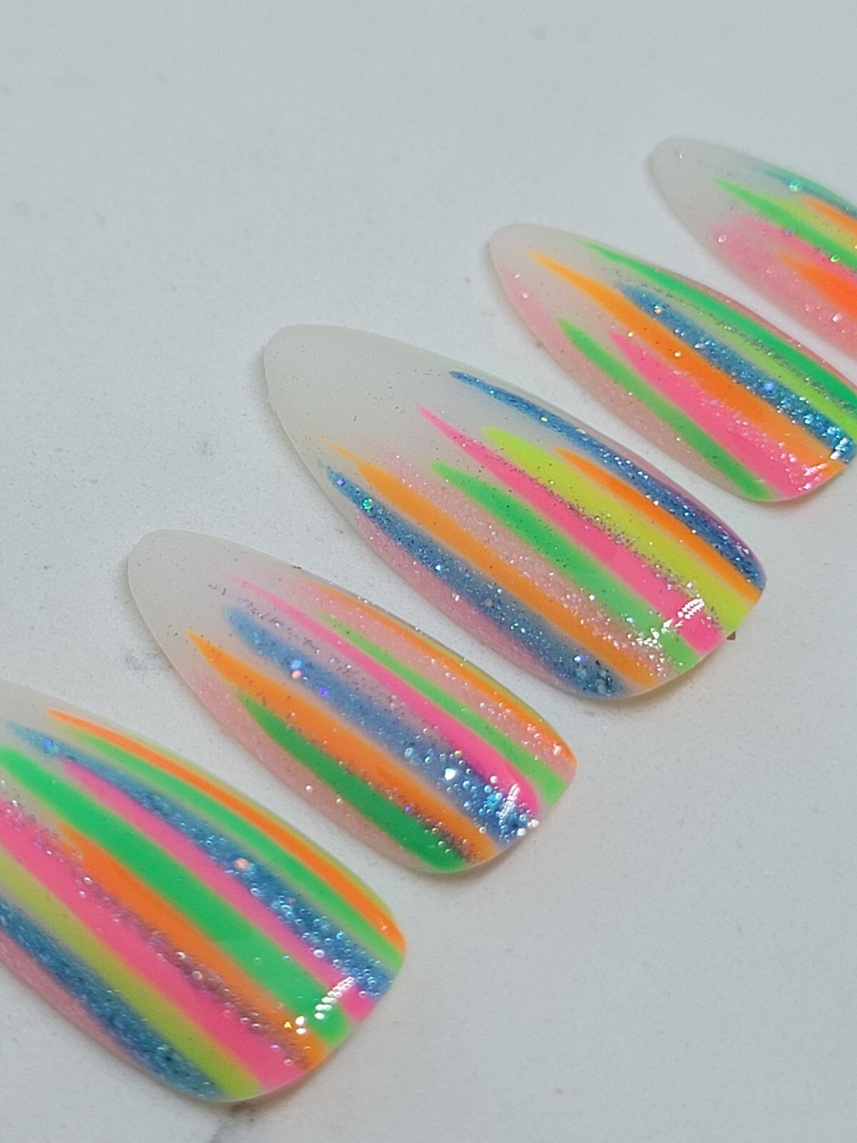 Custom Gel Press on Nails Handmade 10 pc set SMALL neon rainbow stripes glitter