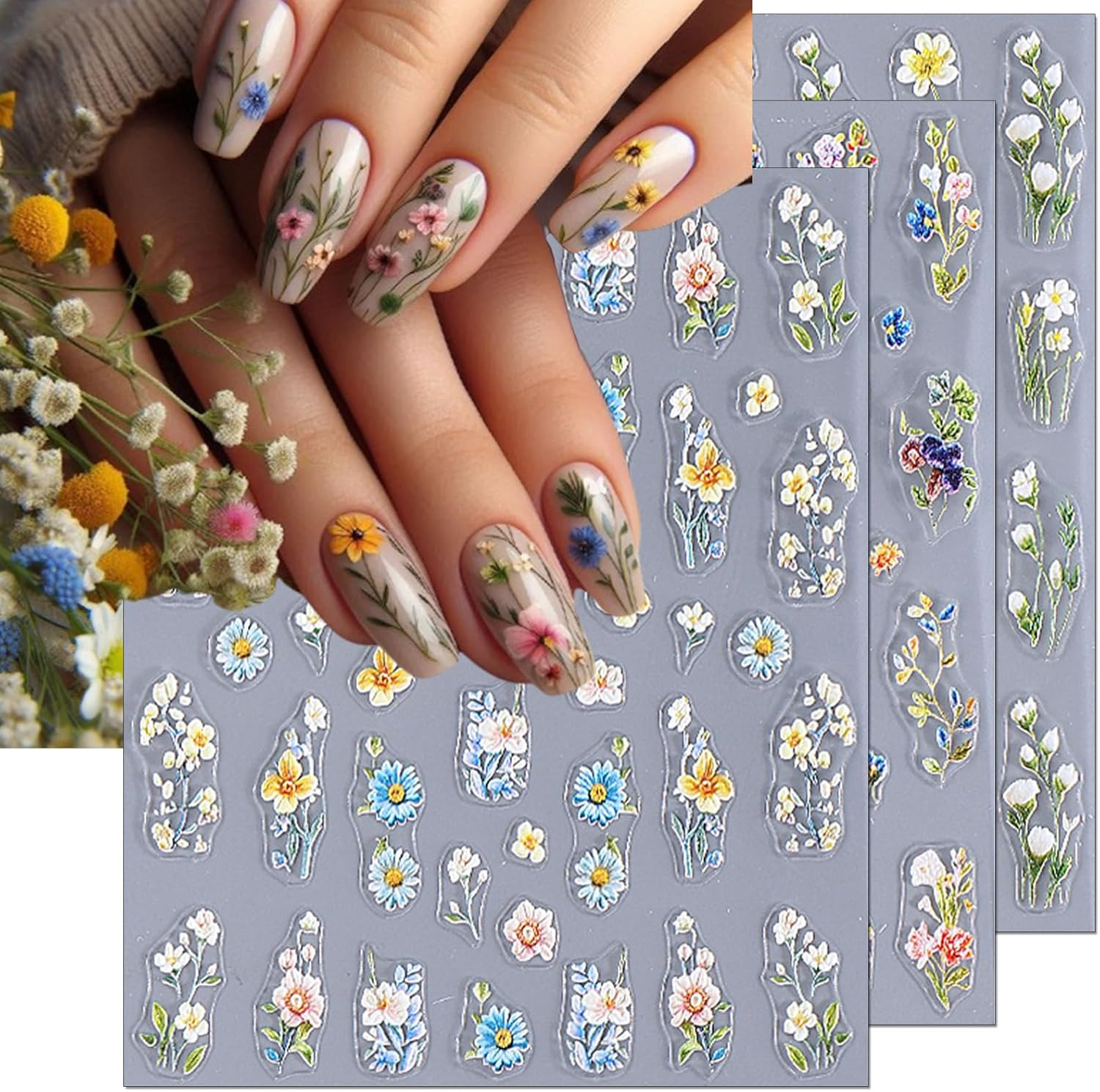 Embossed Flower Nail Art Stickers – Daisy Floral Leaf Self-Adhesive 5D Nail Deca