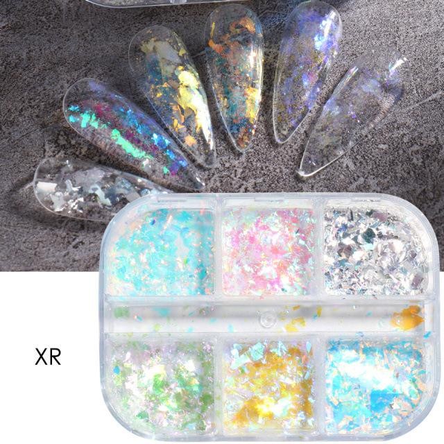 6 Grid Nail Glitter Sequins Set with Aurora Powder & Iridescent Opal for Nails