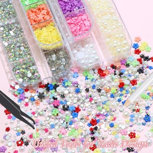 Colorful Flower Nail Charms White&Beige Flatback Pearls for Nails Multicolor