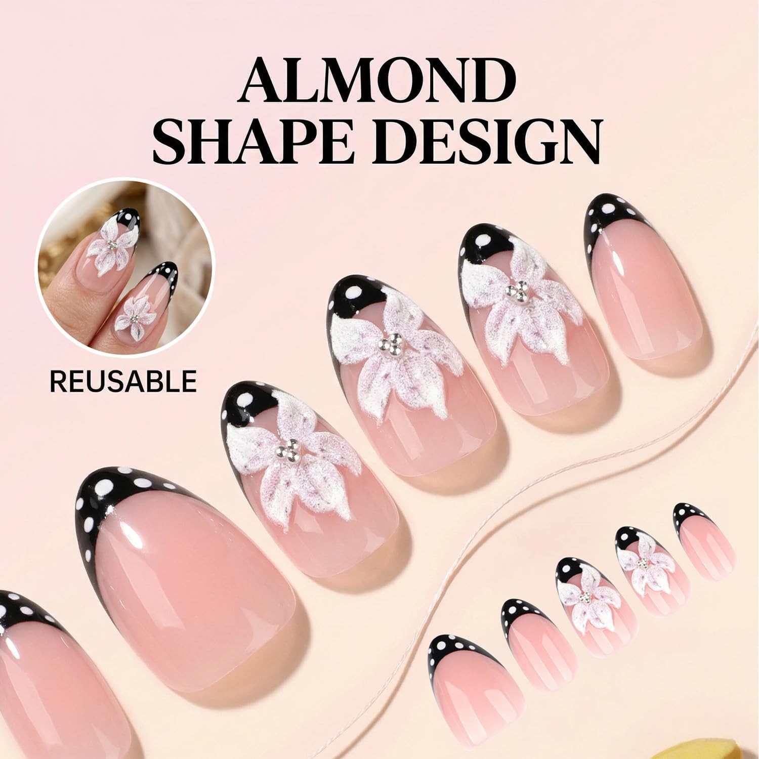 Taoyisent Pink Floral French Tip Press On Nails, Short Almond Shape, Black Po…
