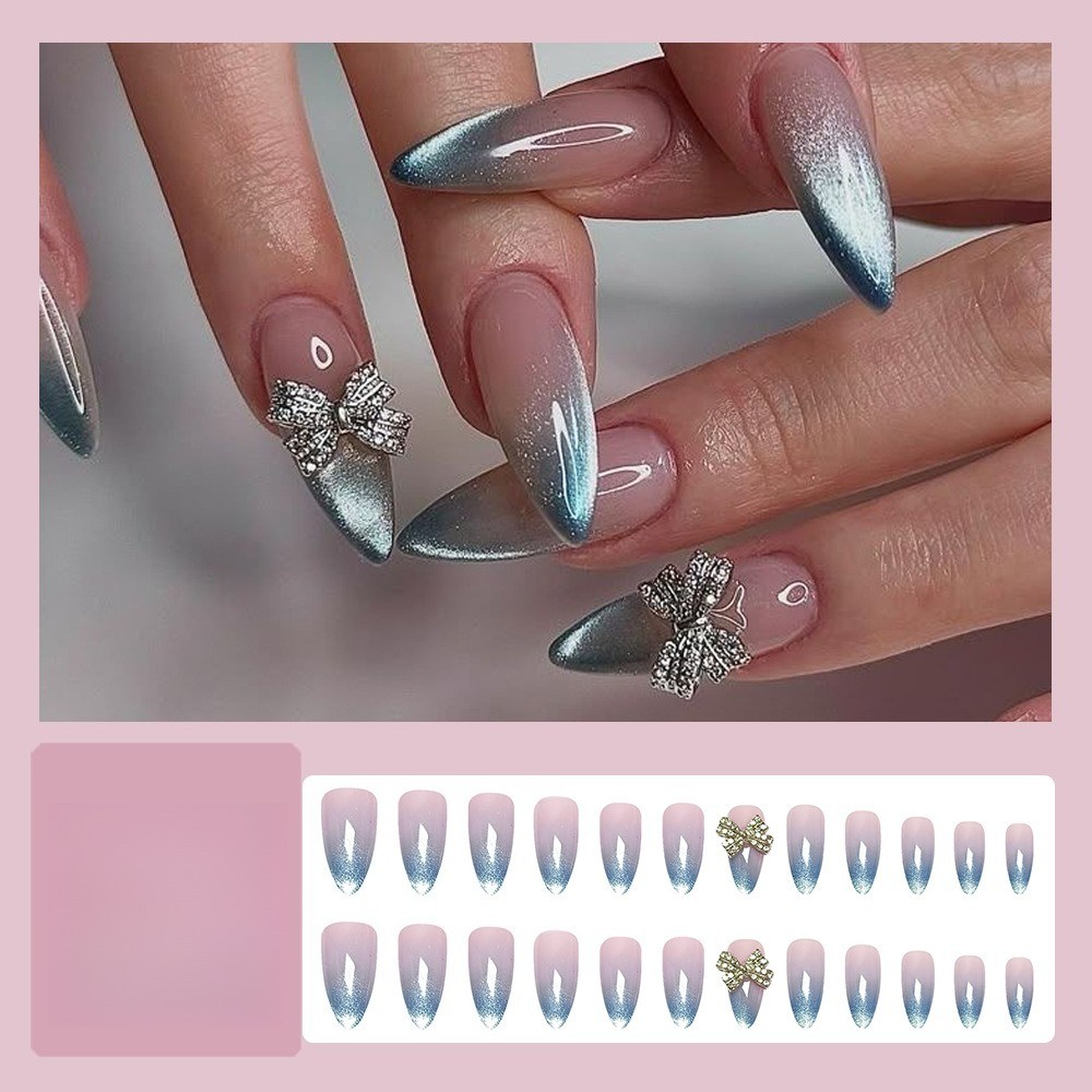 48P Long Almond Press on Nails, Silver Blue Ombre Rhinestone Bow Fake Nails