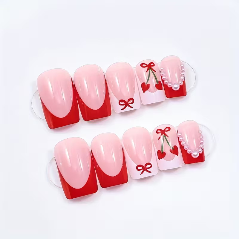 24pcs Red and White French Cherry Short Square Press-On Nails with Heart Design