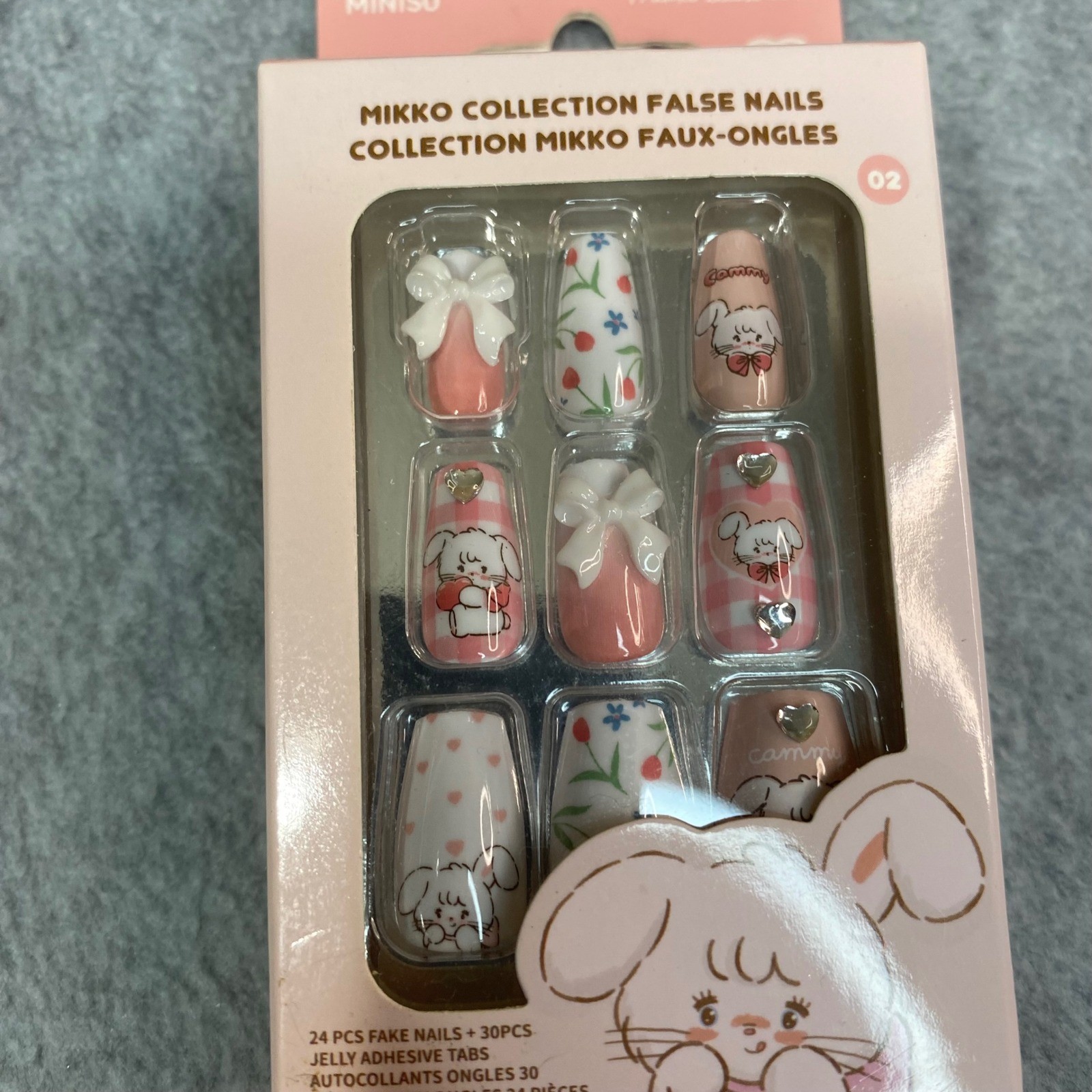 Miniso Mikko Illustration False Nails Kids Pink Cammy Bunny 3D Bows NEW NIB 24pc