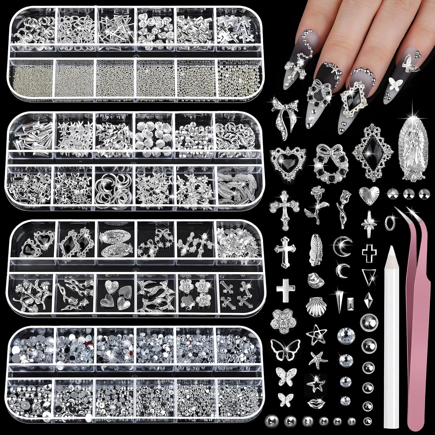 Teenitor Gold Nail Charms, 4 Boxes 3D Nail Art Gems Pearls Rhinestones