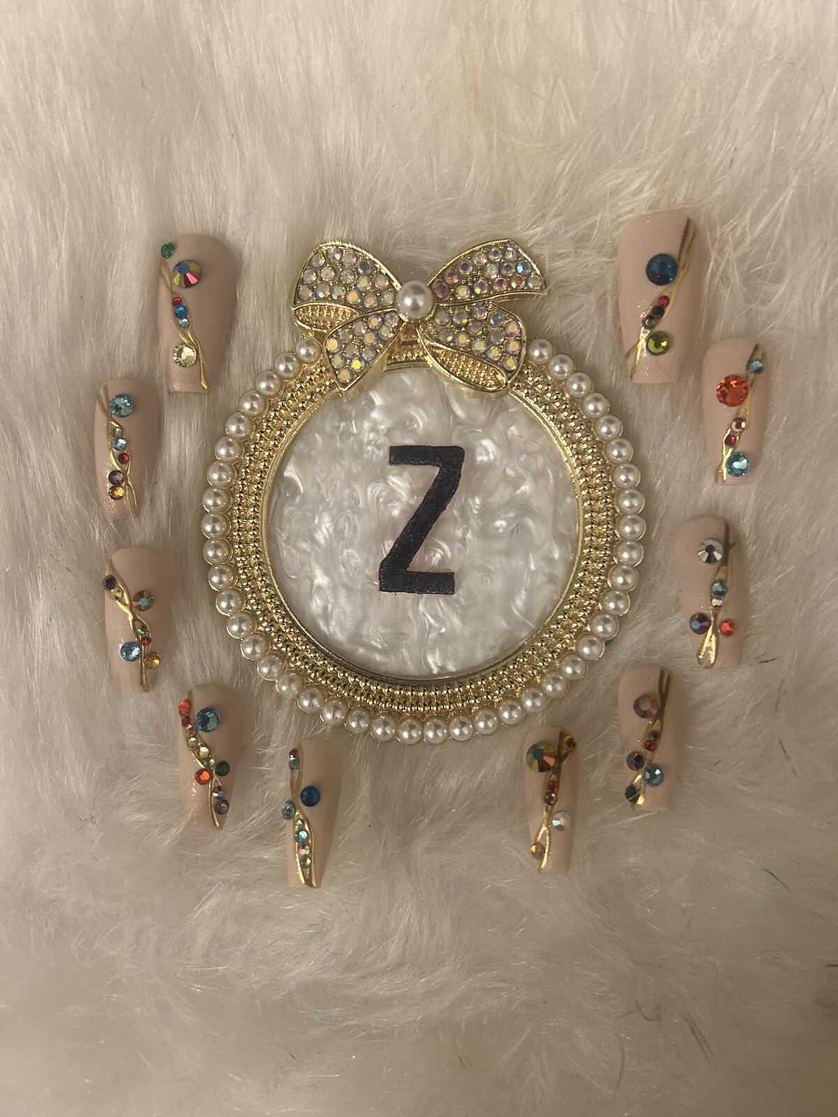 Z NAILZ! Gorgeous Handmade Set Of M Coffin Beige W/multicolored Stones Press Ons