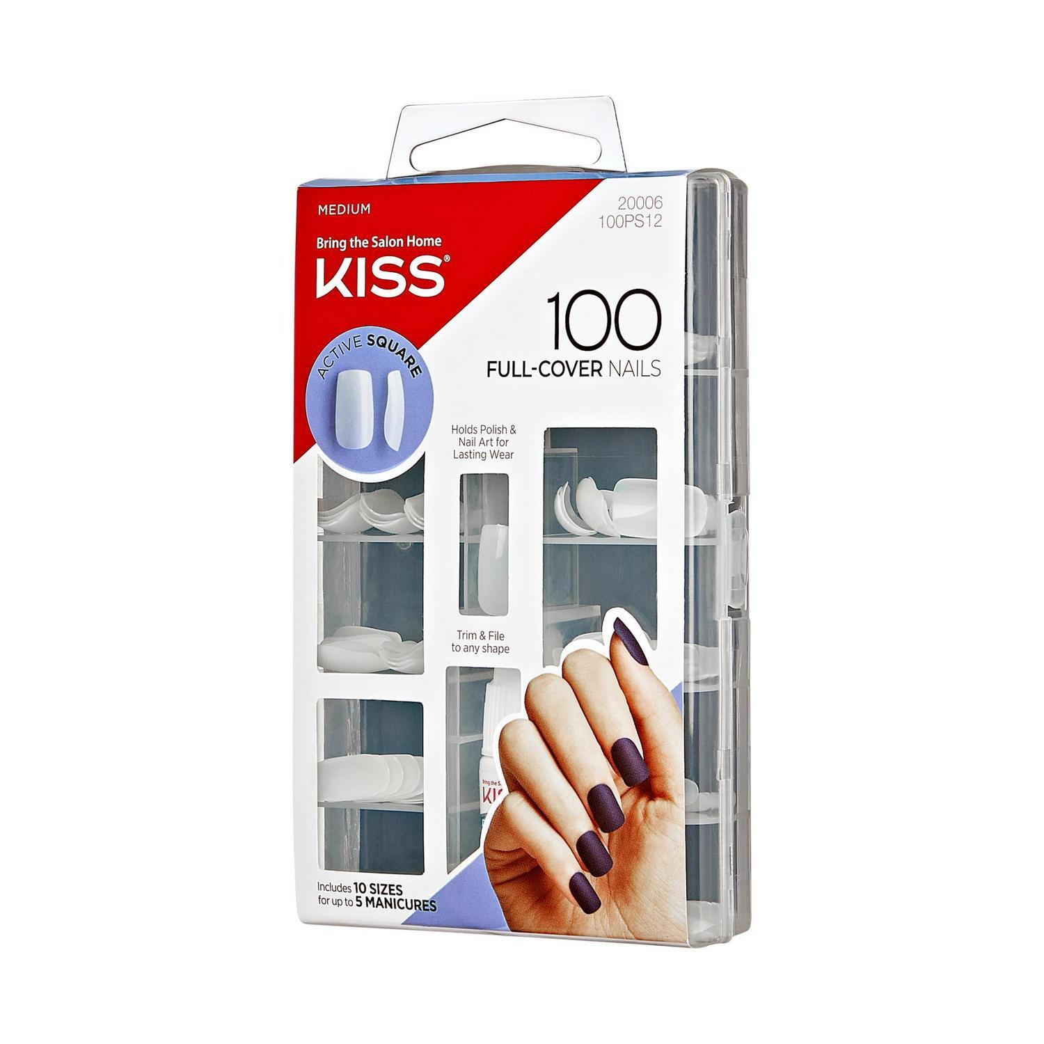 KISS Full-Cover Nails Press on Nails, Active Square, Clear, Medium Square-100 Ct